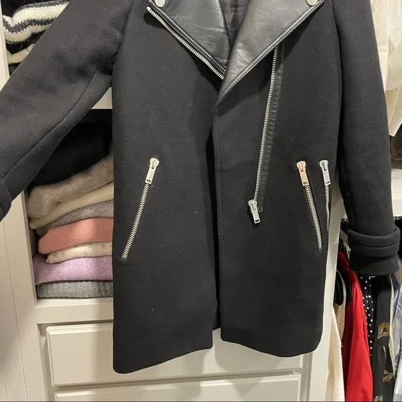 Zara Wool Blend Moto Lamb Leather Collar Coat